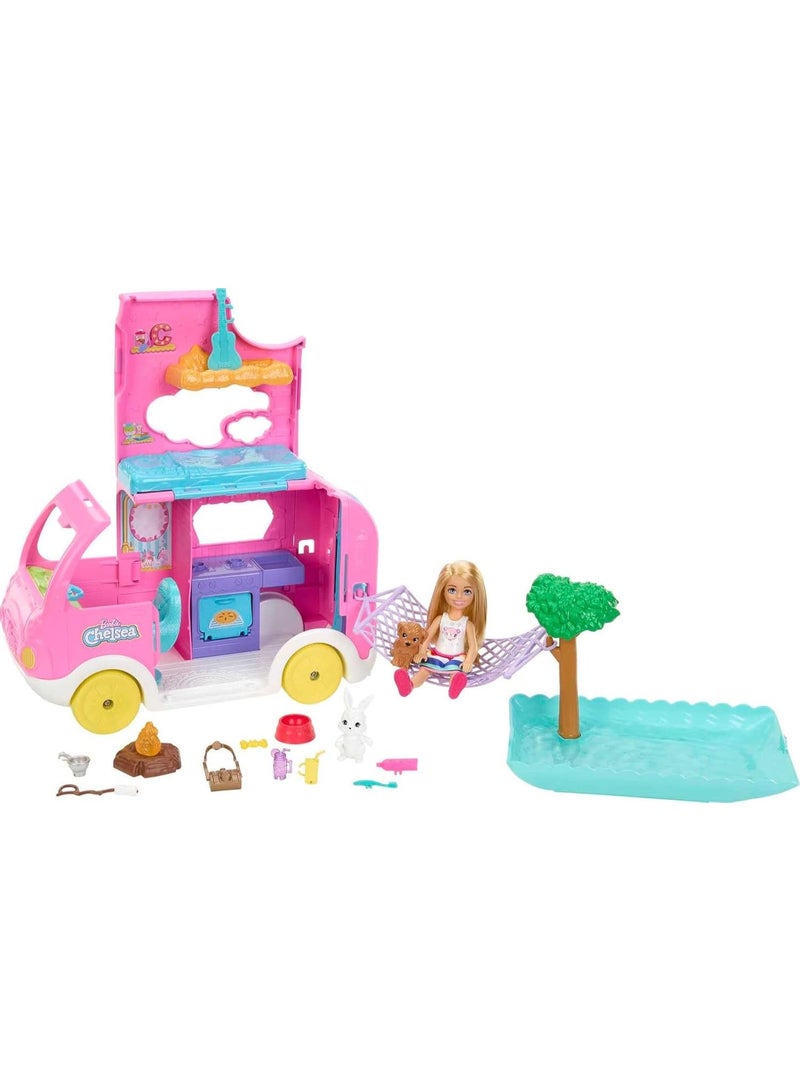 Matttel Barbie Chelsea 2-in-1 Camper Playset with Chelsea Small Doll, 2 Pets & 15 Accessories - Image 3